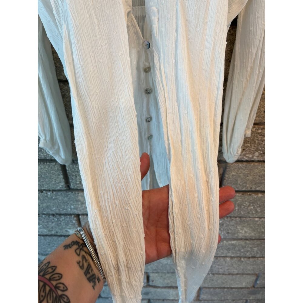 Tie-Front White Textured Dotted Button-Down Blous… - image 7